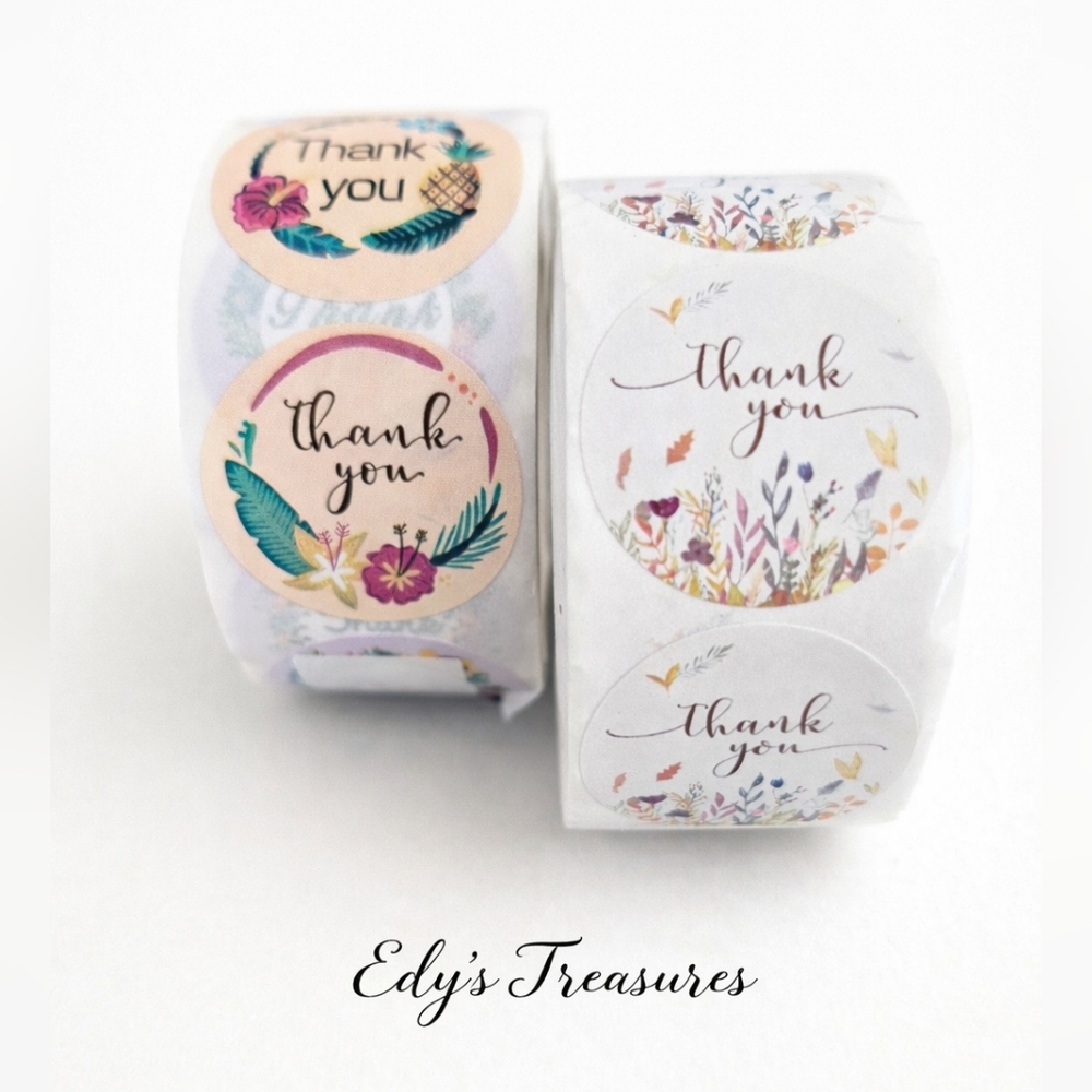 1000 Pc Thank You Stickers Roll Floral 2 Designs 500 Each Roll NWOT